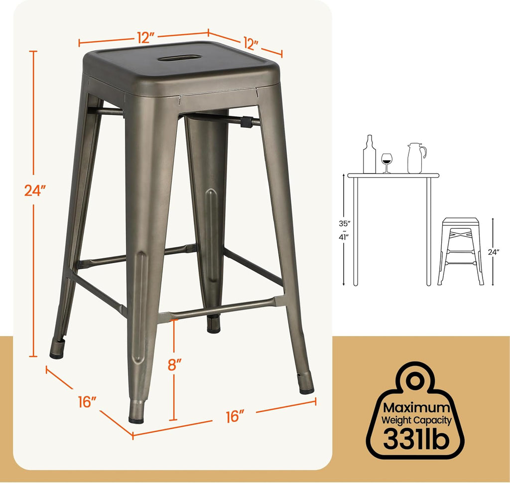 Yaheetech 24'' Metal Bar Stools Counter Height Barstools Set of 4 High Backless Industrial Stackable Chairs for Indoor and Outdoor, Gun Metal