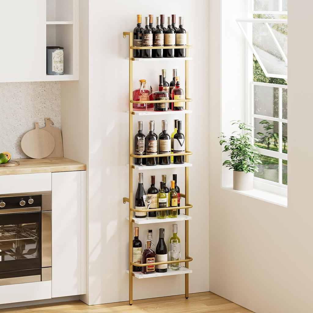 5-Tier Wine Rack Wall Mounted, Wine Racks Freestanding Floor with Fences, 50 Bottles Wine Bottle Holder Liquor Cabinet Bar Shelves for Home, Kitchen, Dining Room (Gold)