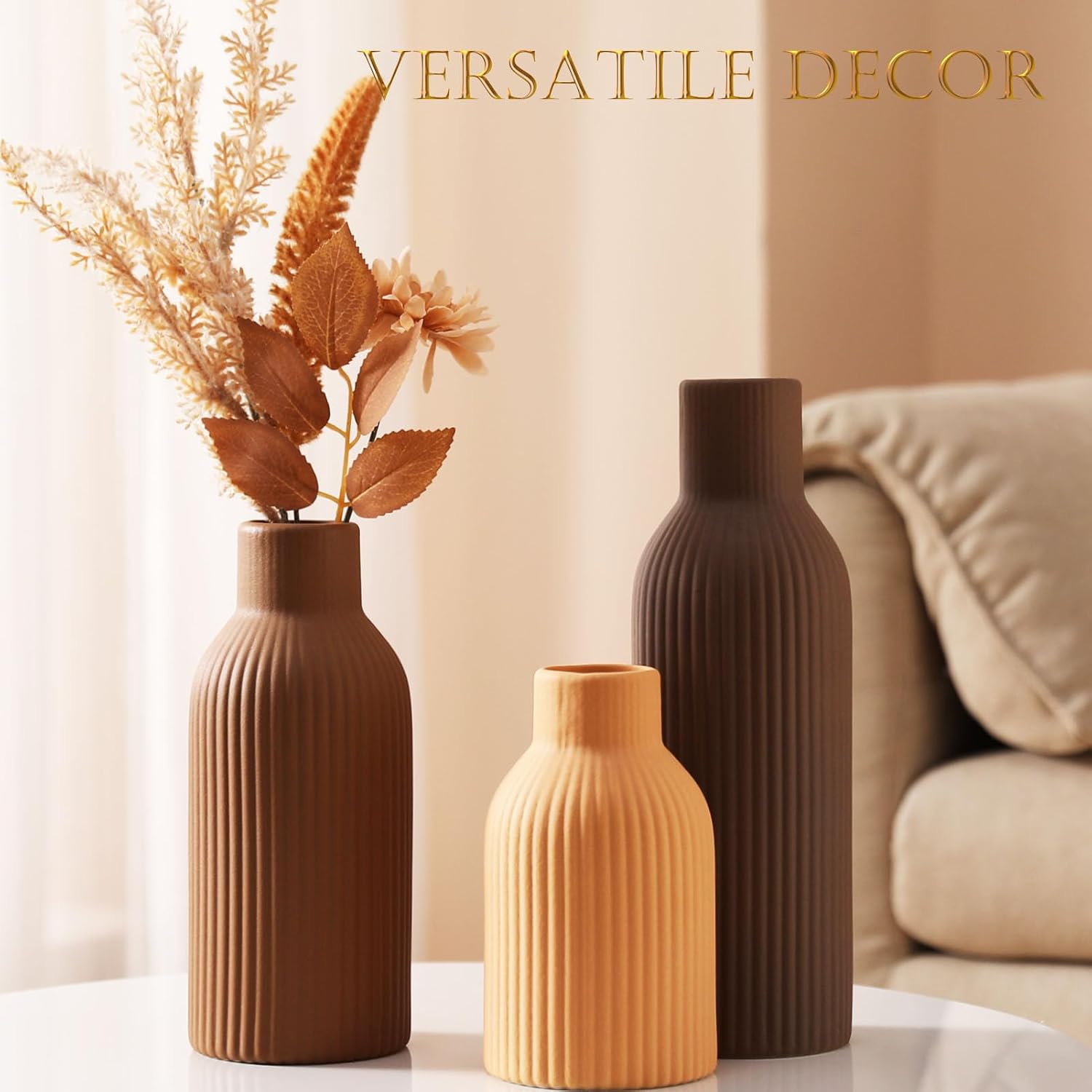 Joeabor Ceramic Vase Set of 3 - Handcrafted Ceramic Vases for Home Decor & Shelf - Modern Farmhouse Decor for Kitchen, Office, Bedroom & Living Room Decorative Objects for Mantel, Table Centerpieces