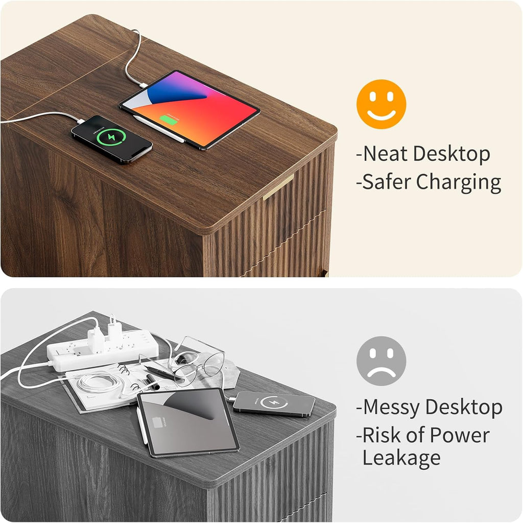 Yoobure End Table with Charging Station - Narrow Side Table for Living Room, Fluted Night Stand with Drawer and Storage Cabinet, Wood Nightstand with Adjustable Shelf for Bedroom Small Spaces