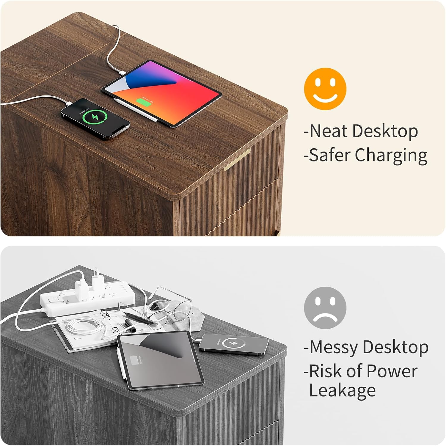 Yoobure End Table with Charging Station - Narrow Side Table for Living Room, Fluted Night Stand with Drawer and Storage Cabinet, Wood Nightstand with Adjustable Shelf for Bedroom Small Spaces
