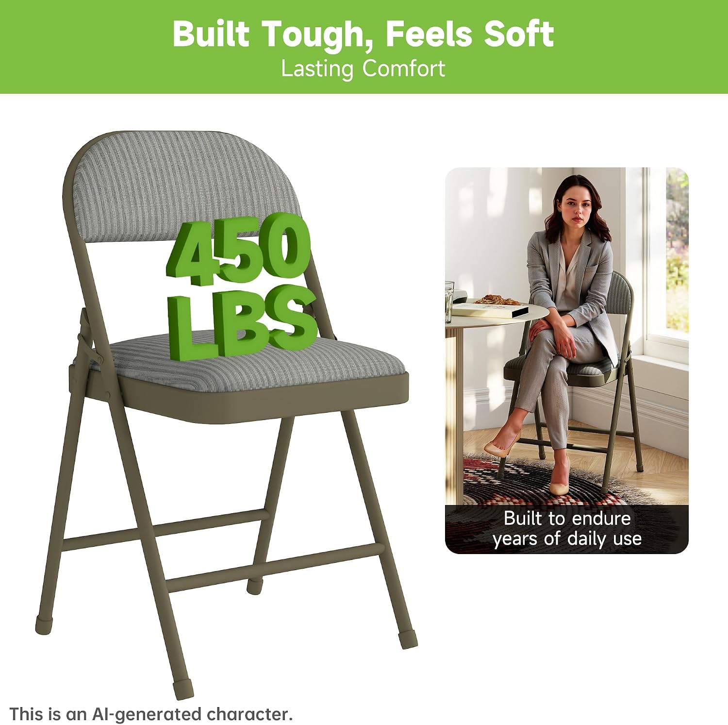 Real Relax 4 Pack Folding Chairs with Padded Cushion and Back, Comfortable Soft Fabric Cushion and Steel Frame Metal, Indoor Outdoor Seat for Office Events Wedding Party, 450LBFabric Oatmeal Strip