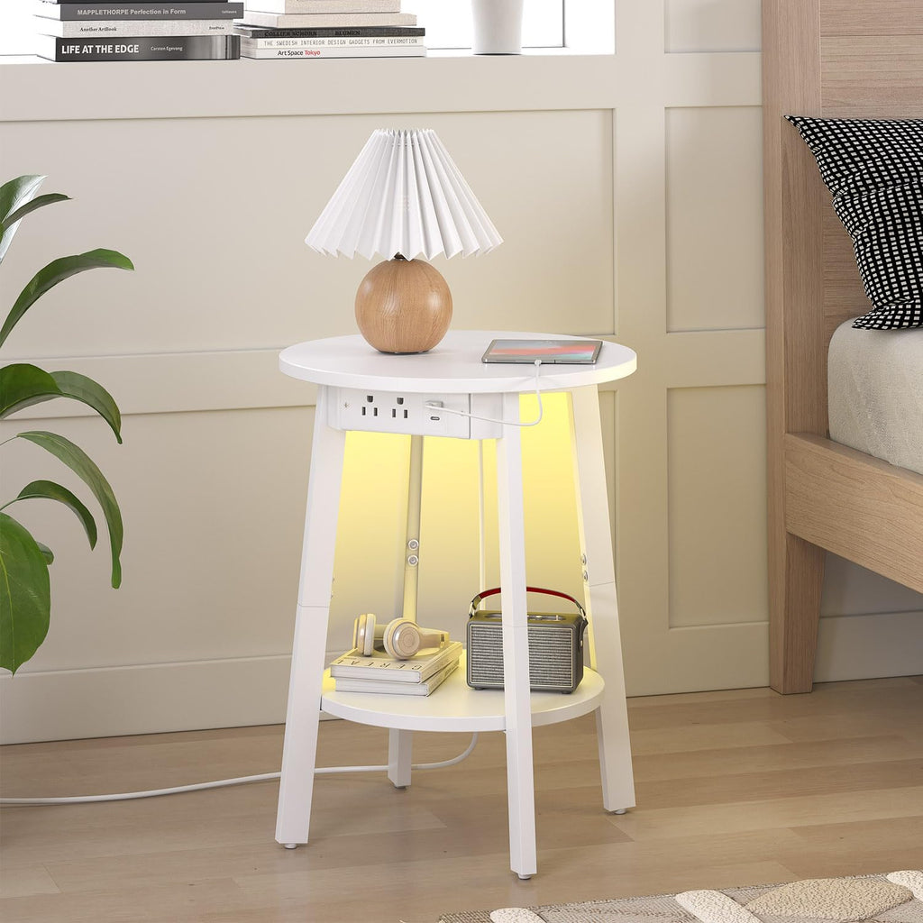 sthmec Round End Table with Charging Station, White LED Small Side Table for Small Space, USB Power Oulets & LED Strip, 2-Tier Round Accent Table Couch Sofa Nighstands for Living Room, Bedroom, White