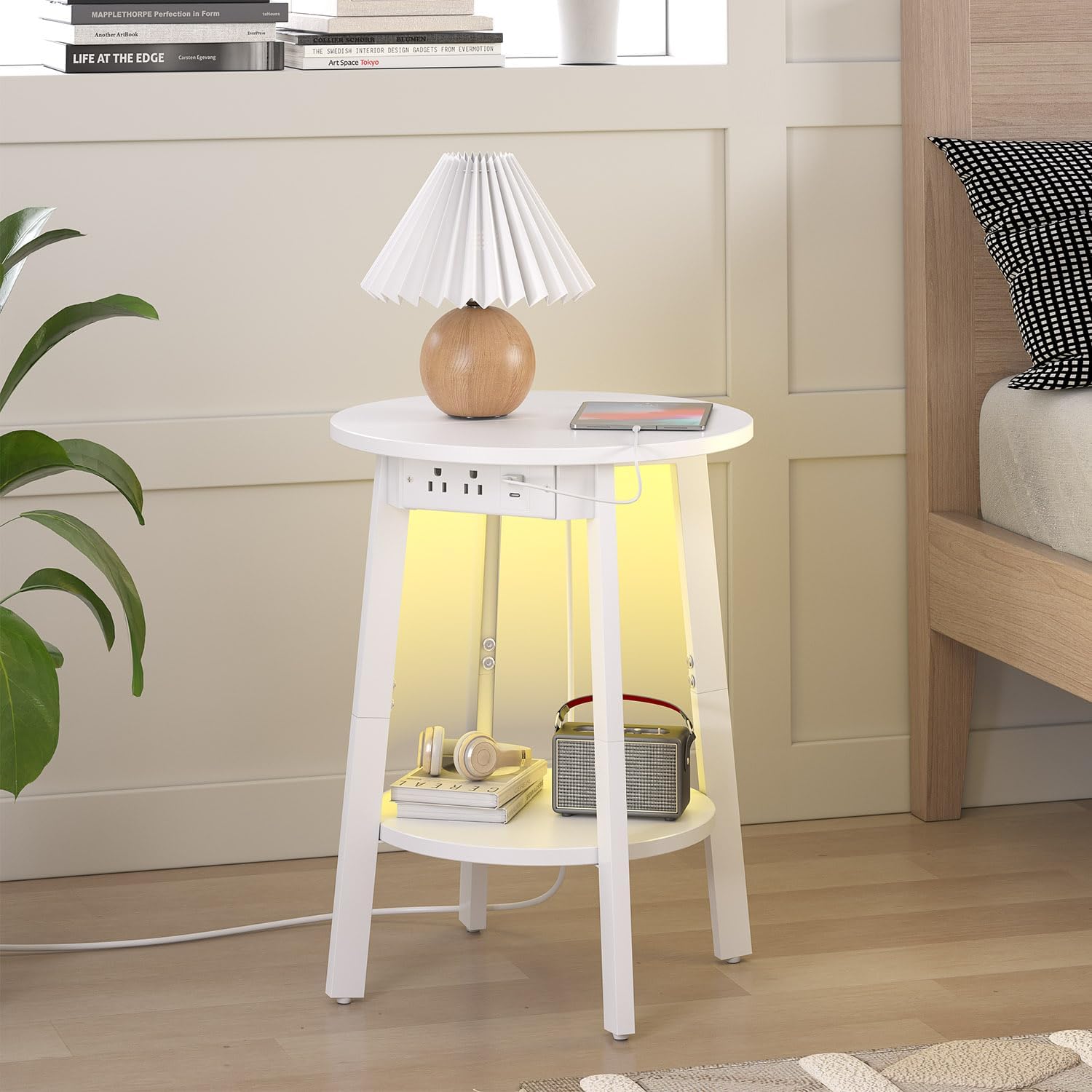 sthmec Round End Table with Charging Station, White LED Small Side Table for Small Space, USB Power Oulets & LED Strip, 2-Tier Round Accent Table Couch Sofa Nighstands for Living Room, Bedroom, White