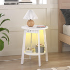 sthmec Round End Table with Charging Station, White LED Small Side Table for Small Space, USB Power Oulets & LED Strip, 2-Tier Round Accent Table Couch Sofa Nighstands for Living Room, Bedroom, White