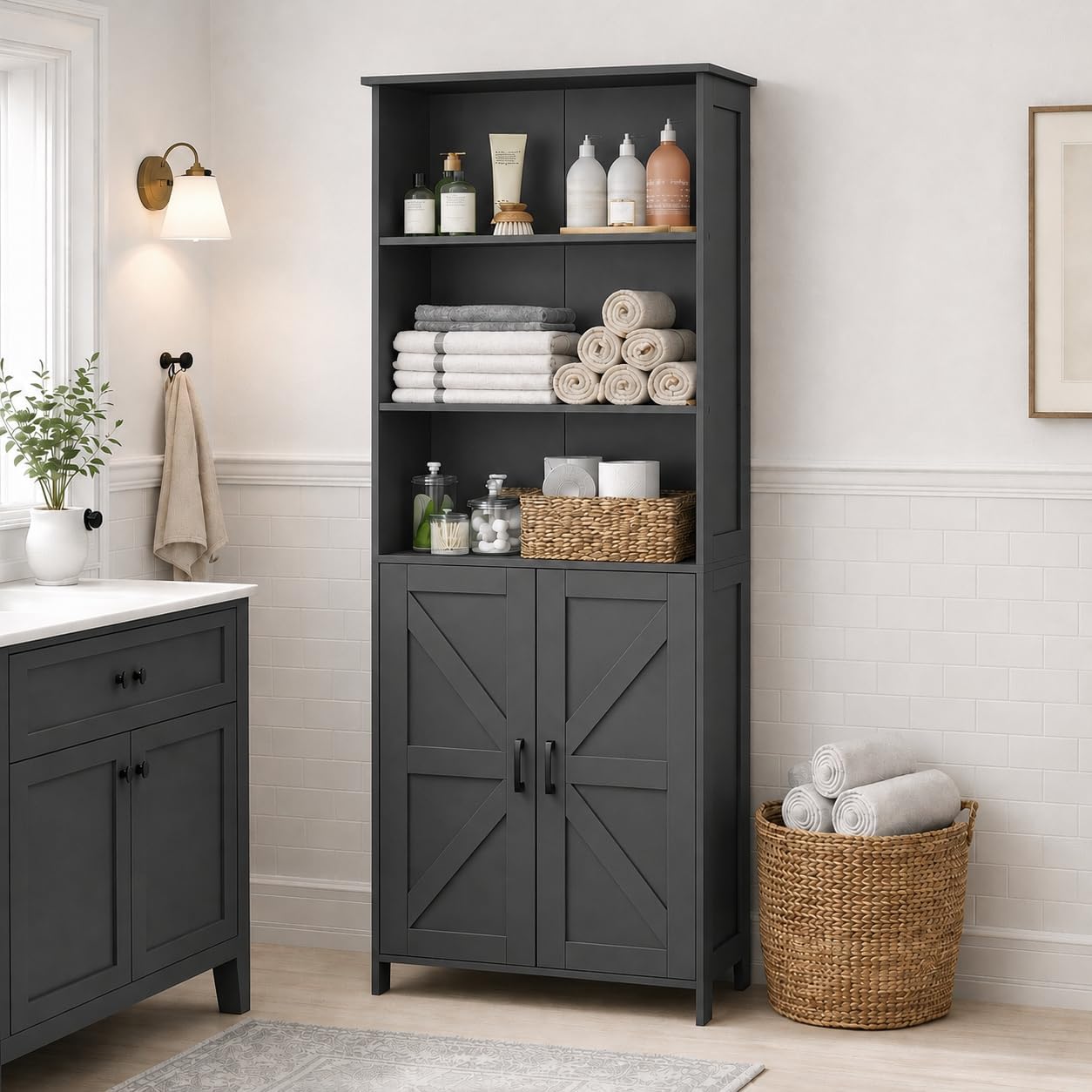 Homhedy 67" Tall Bathroom Storage Cabinet, Freestanding Farmhouse Cabinet with 2 Doors and Adjustable Shelf, Bathroom Organizers and Storage for Kitchen, Living Room, Laundry Room, Black
