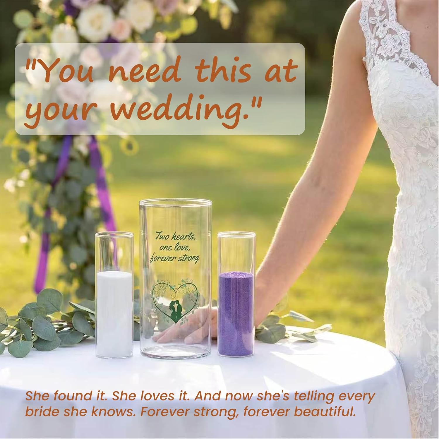 Sandraheer Unity Sand Ceremony Set for Wedding — 3 Clear Glass Vases, Purple & White Colored Sand, Bamboo Cork Lid, Keepsake Display Bottle