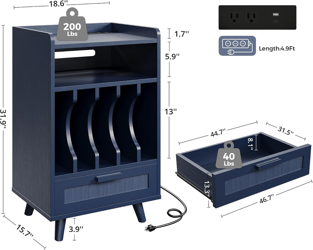 LIKIMIO Record Player Stand with Power Outlets, 1 Drawer & Vinyl Storage up to 150 Albums, Wooden Turntable Stand for Files/Book/LP, Mid-Century Modern Media Cabinet for Small Spaces, Blue