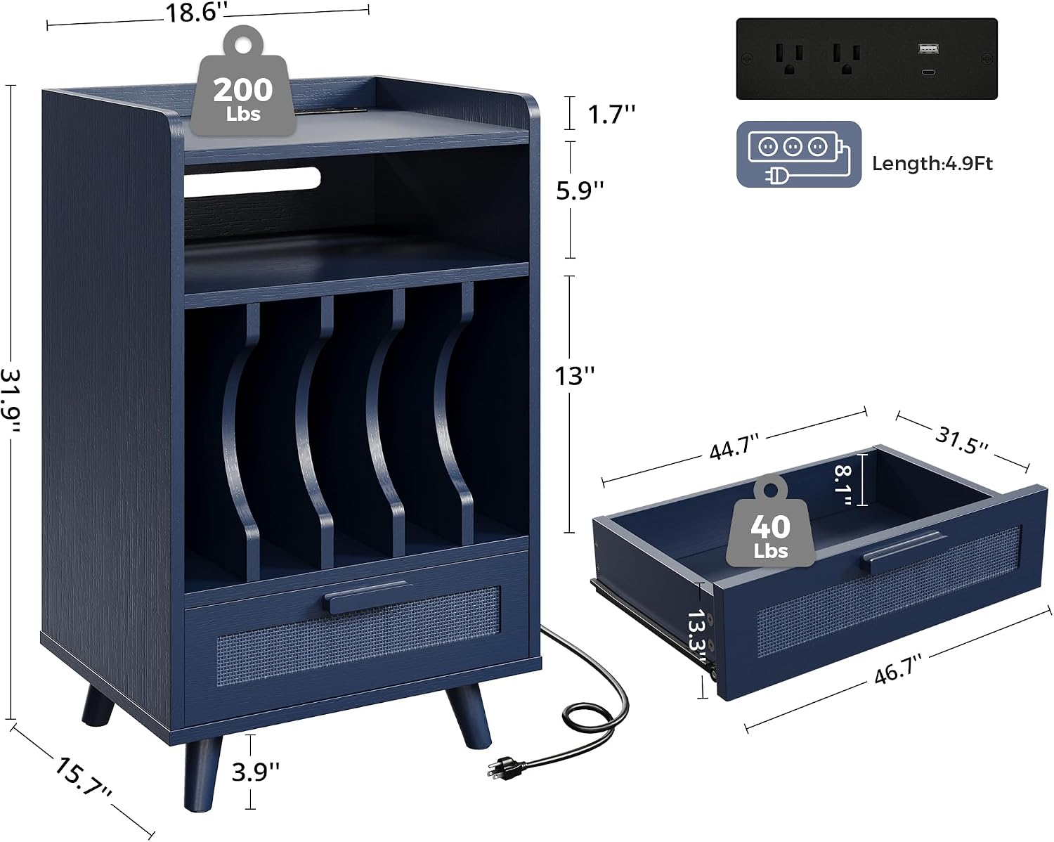 LIKIMIO Record Player Stand with Power Outlets, 1 Drawer & Vinyl Storage up to 150 Albums, Wooden Turntable Stand for Files/Book/LP, Mid-Century Modern Media Cabinet for Small Spaces, Blue