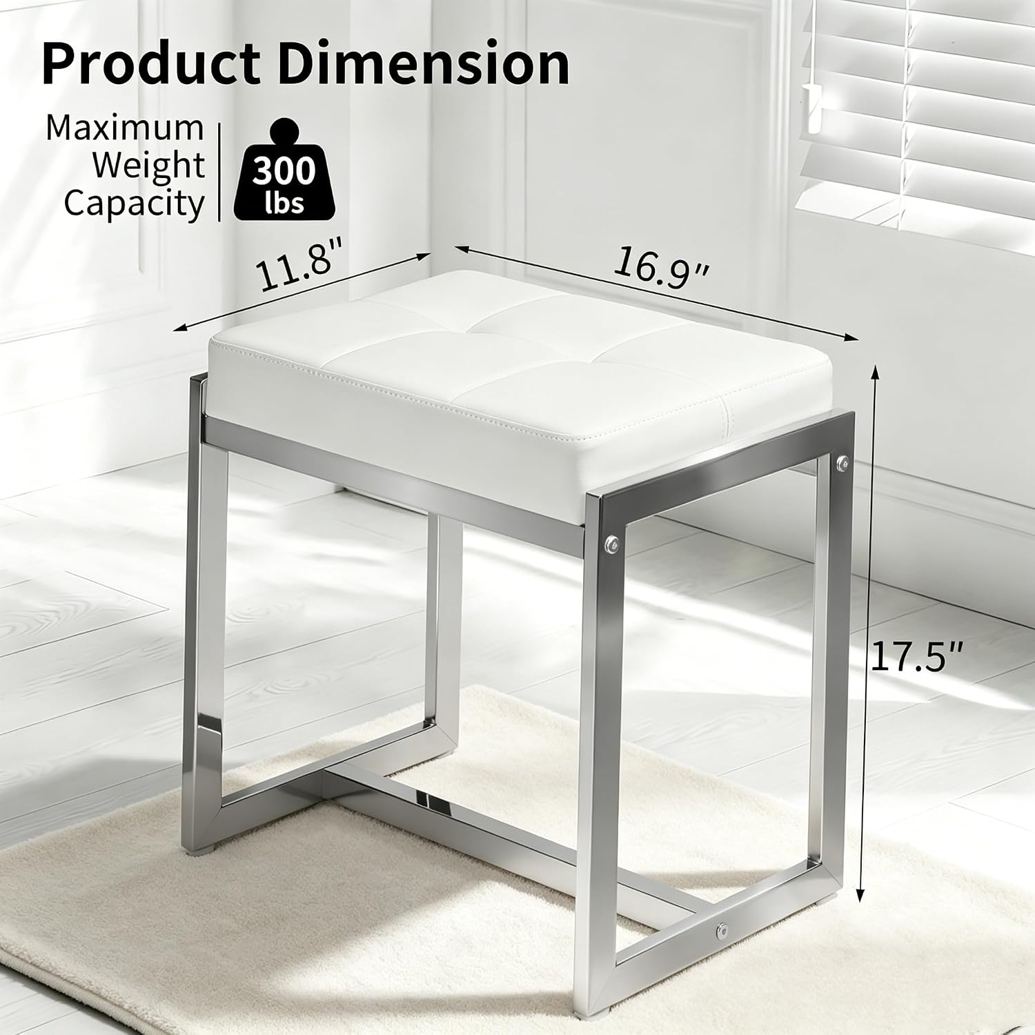 Vanity Stool Chair, Modern PU Leather Ottoman Foot Rest for Vanity Bench with Silver Metal Legs, Multifunctional Chairs for Makeup, Bedroom, Living Room, Small Makeup Stools White&Silver