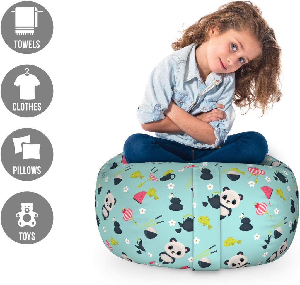 Ambesonne East Storage Toy Bag Chair, Panda Bears Koi Fishes Chopsticks Tea and Ricebowl Japanese Far Eastern Illustration, Stuffed Animal Organizer Washable Bag, Small Size, Pale Blue