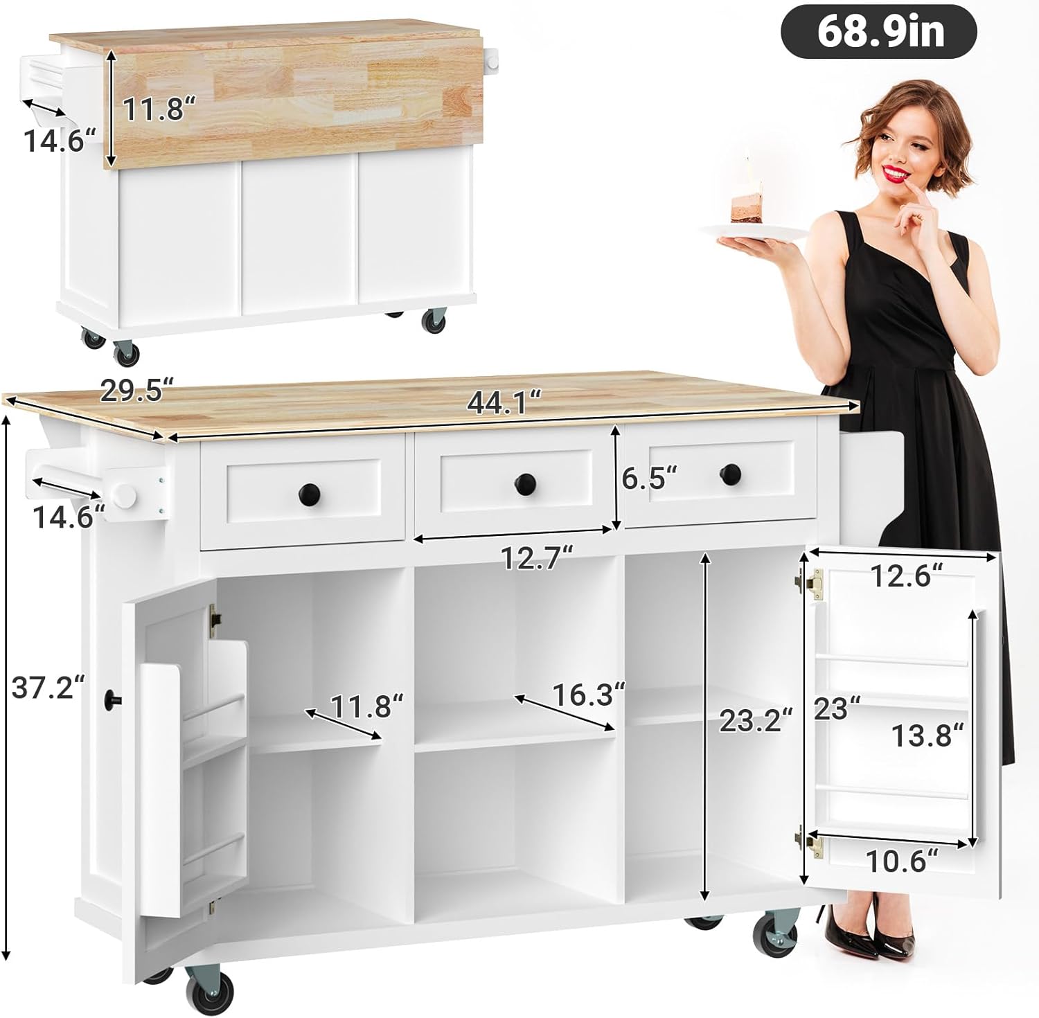Rovibek Kitchen Island with Drawers 53 in Rolling Island Cart Mobile Portable Islands on Wheels Solid Wood Island with Storage Cabinet & Drawers, Bright White