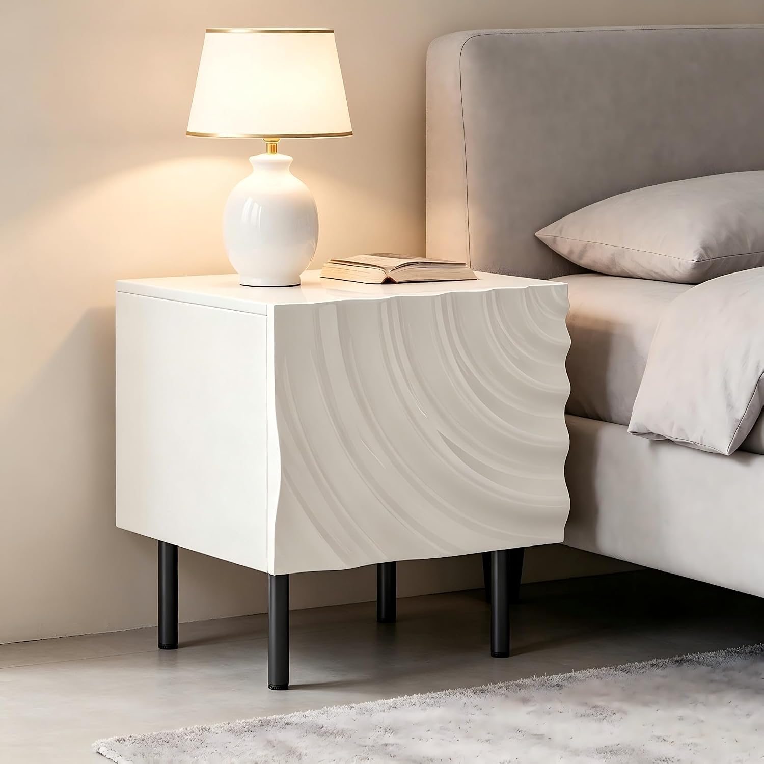 Nightstand Set of 2, Unique Design Side Table Set, Small Bedside Accent Table with Storage and 4 Metal Legs for Bedroom,Living Room and Small Spaces