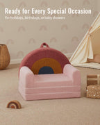 Blissful Diary Foldable Kids Couch, 2-in-1 Comfy Kids Chair for Reading, Playroom, Kids Couch Sofa for Girls Boys Birthday Gift, Blush Rainbow