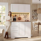 70.8" Tall Pantry Cabinet with LED & Charging Station, Freestanding White Kitchen Storage Cabinet with Spacious Countertop, Adjustable Shelves and Door Side Racks for Dining Living Room
