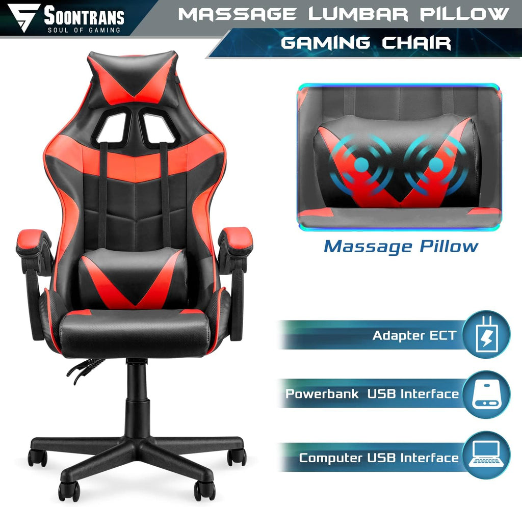 Soontrans Red Gaming Chair,Ergonomic Gamer Chair,Racing Game Chair,PC Computer Chair with High-Back,Adjustable Headrest and Lumbar Support