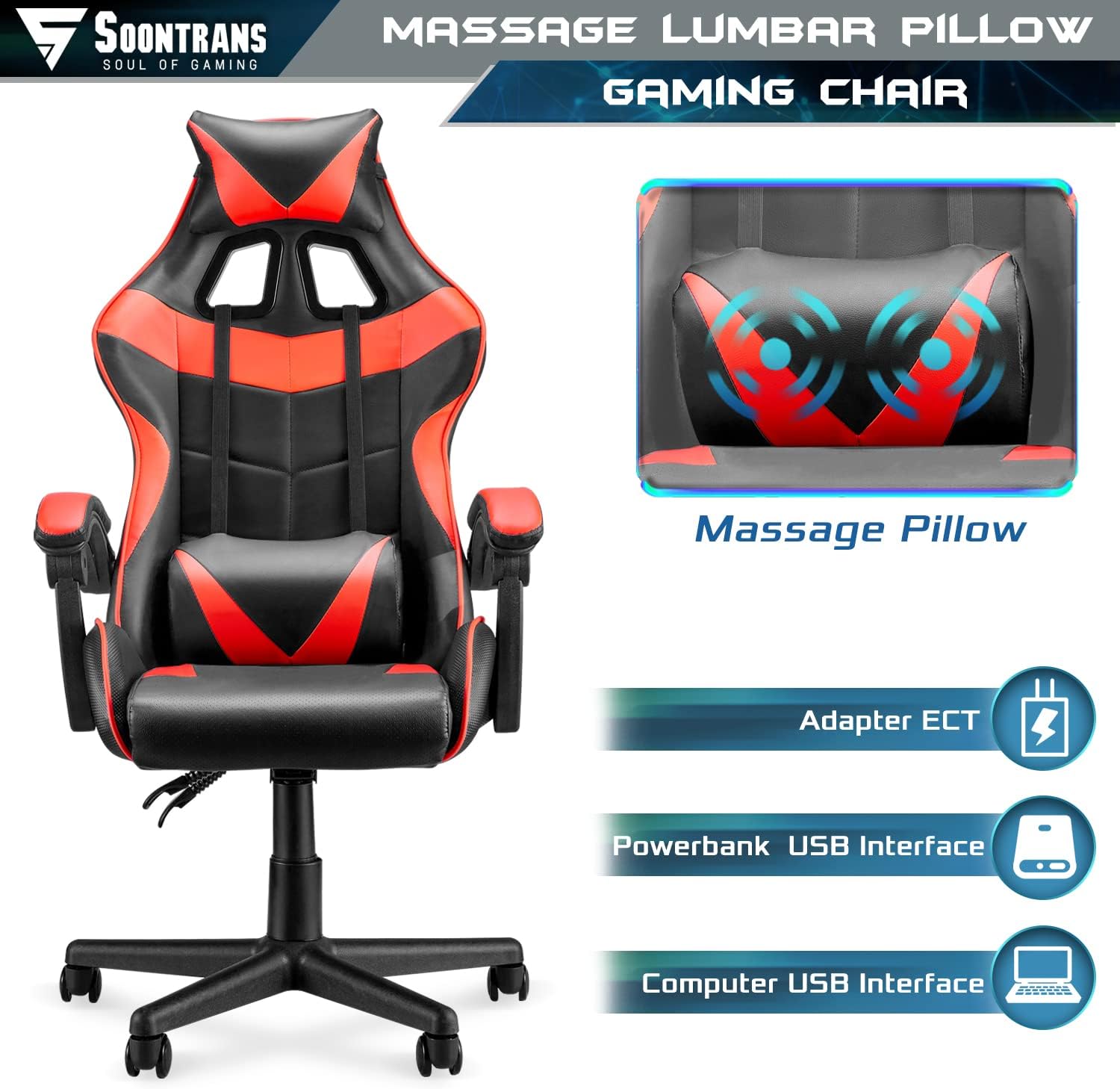Soontrans Red Gaming Chair,Ergonomic Gamer Chair,Racing Game Chair,PC Computer Chair with High-Back,Adjustable Headrest and Lumbar Support