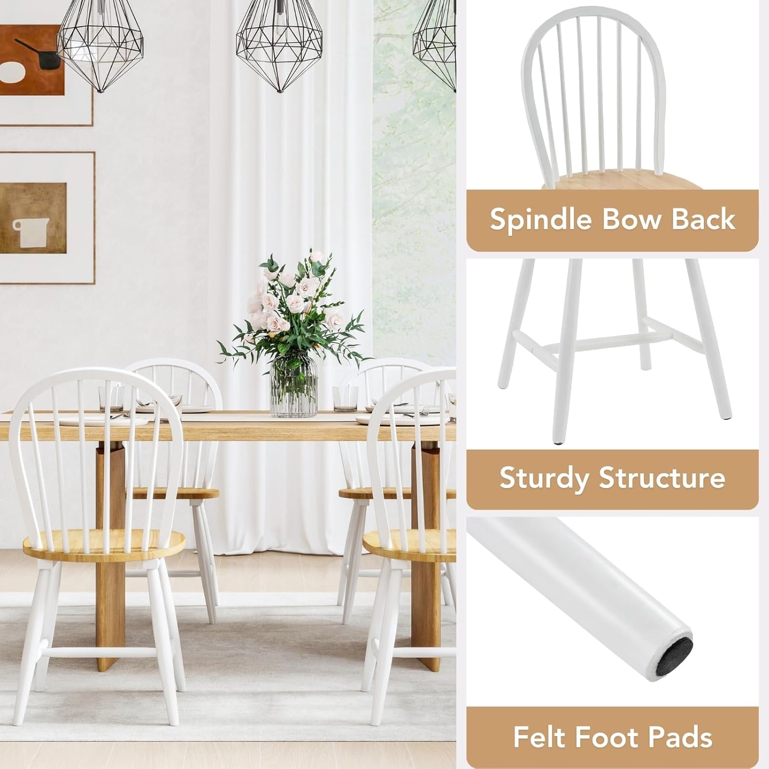 chairus White Windsor Dining Chairs Set of 2, Farmhouse Wooden Dining Room Chairs with Spindle Bow Back, Modern Cottage Oak Side Kitchen Chairs