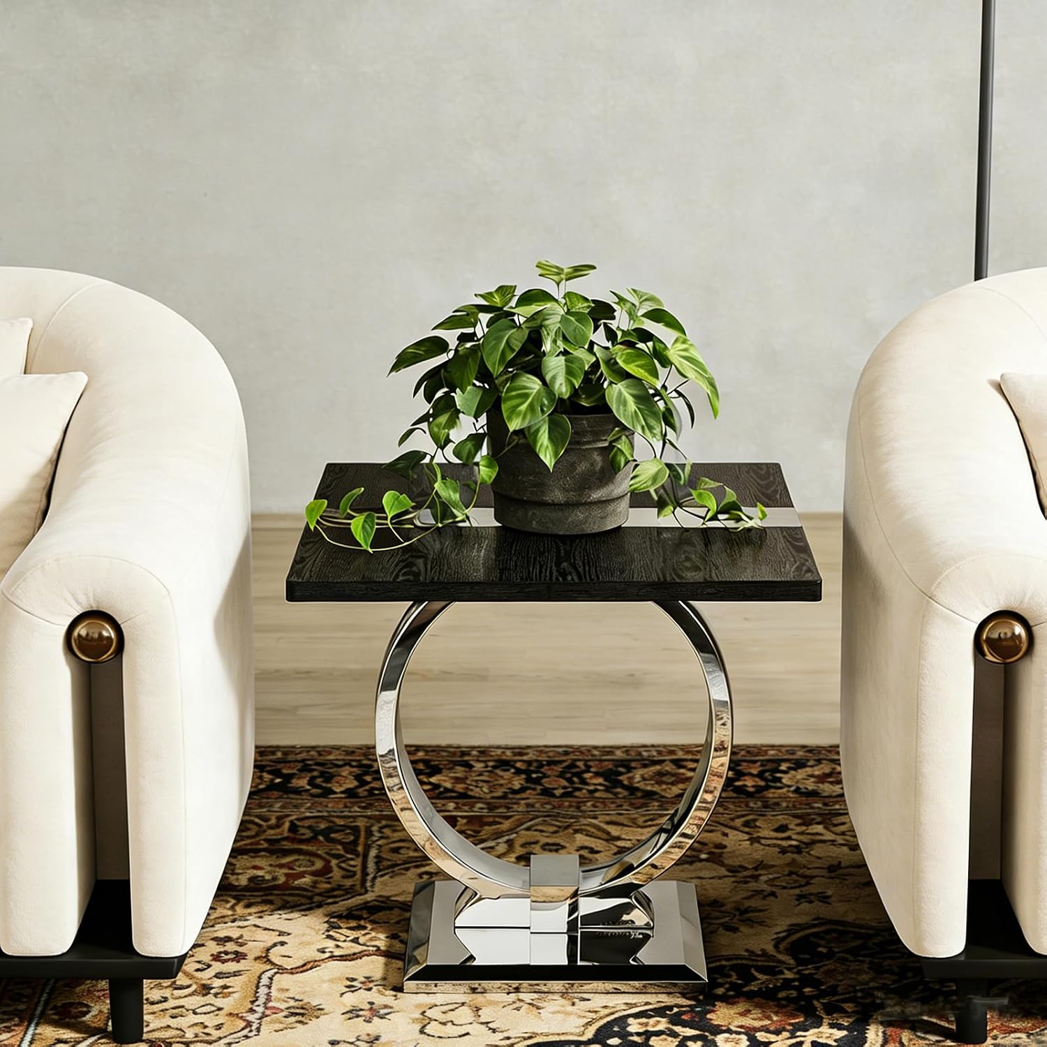 Asday End Table Set of 2, Luxury Side Table Set, Black and Chrome End Table with Polished Stainless Steel Base, Accent Table for Living Room or Bedroom