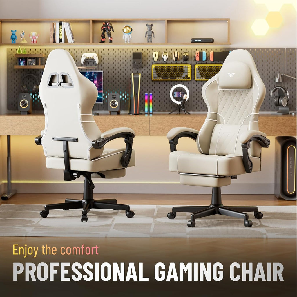 Ferghana Gaming Chair, Leather Comfortable Computer Chair with Footrest and Linkage Armrest, Ergonomic High Back Game Chair with Massage Lumbar Support for Adult, Beige