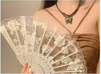 Lace Rose Folding Fan, Vintage Style Hand Fan with Gold Ribs, Lightweight Foldable Dance Fan for Decoration and Photos