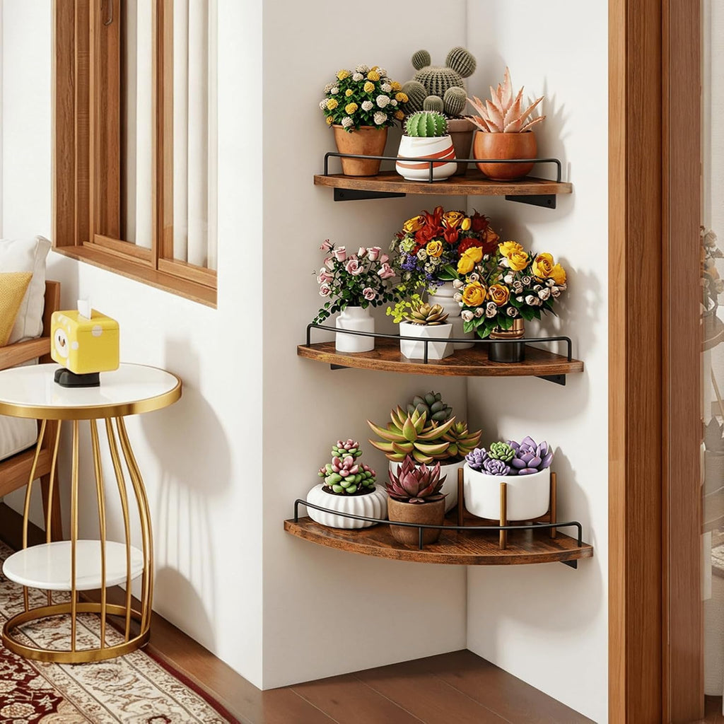 Homode Corner Shelf Wall Mounted Set of 3, Corner Floating Shelves 9/10/12 Inch Deep, Wood Round Corner Hanging Display Shelf with Guardrail for Bathroom Bedroom Kitchen Living Room, Rustic Brown