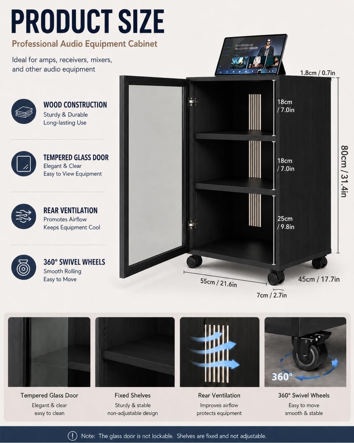 Rolling Audio Rack with Glass Door, Heavy Duty Media Cabinet with Cable Management and dust Protection, Modern Living Room/Bedroom/Video Home Theater Cabinet (3-Tier)