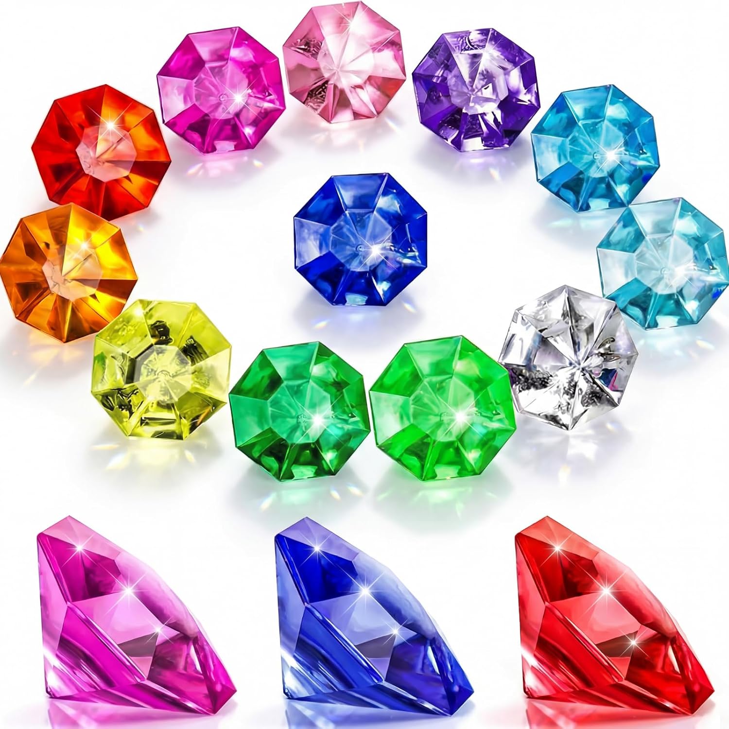 Hicarer Acrylic Diamond Gems Pirate Plastic Gems Bulk Large Fake Gemstones Colored 25 Carat Treasure Chest Hunt Party Favors Table Decorations