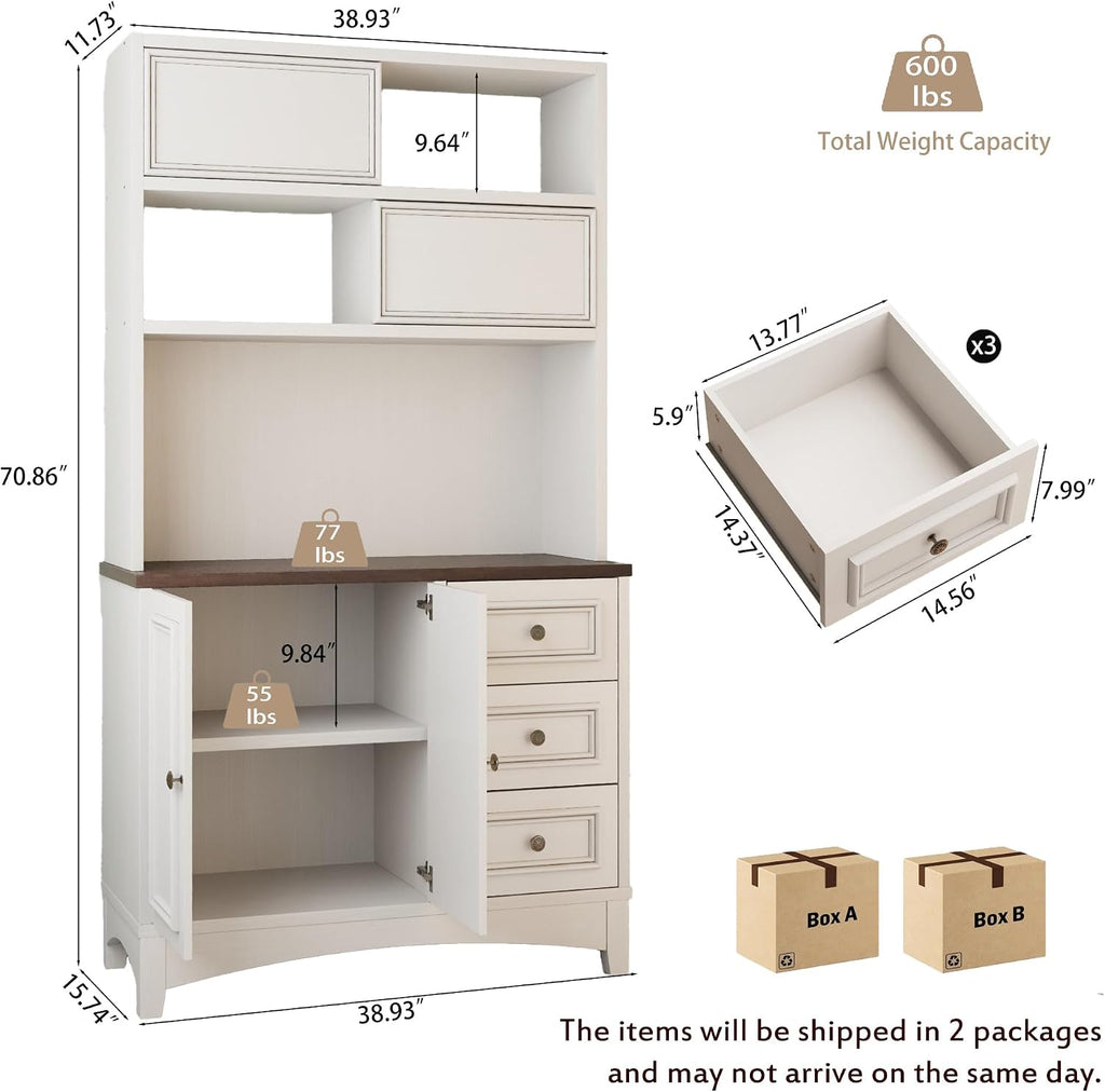 BOSHIRO 71" Antique White Pantry Cabinet with Charging Station, 4-Type Storage & Anti-Tip Design, Farmhouse Kitchen Cabinet with Adjustable Shelves