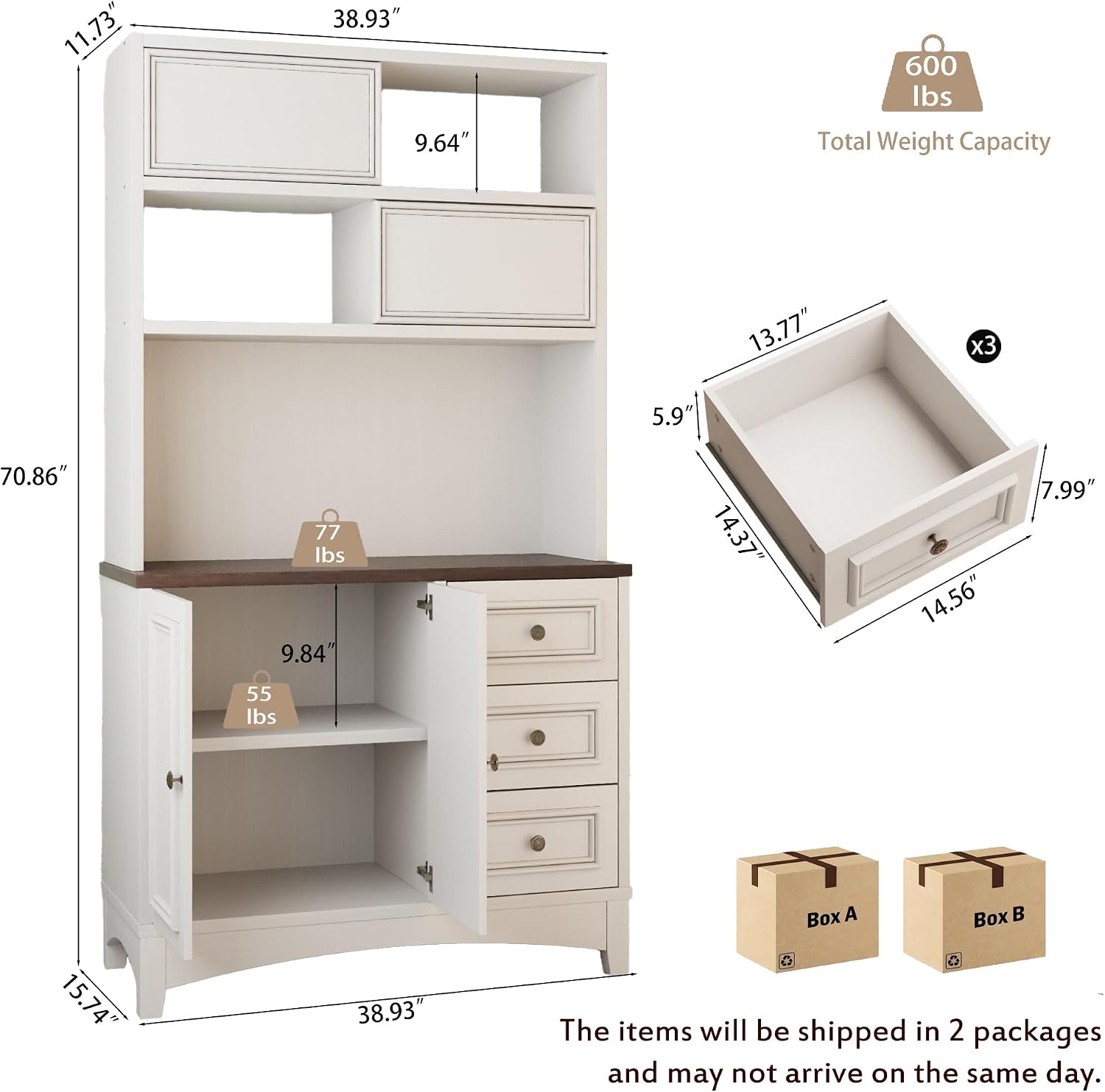 BOSHIRO 71" Antique White Pantry Cabinet with Charging Station, 4-Type Storage & Anti-Tip Design, Farmhouse Kitchen Cabinet with Adjustable Shelves