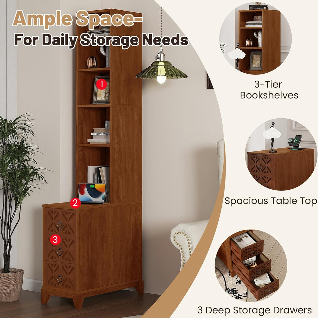 Wood Tall Nightstand with Charging Station, 70.9" Tall End Table with 3 Storage Drawers and 4 Open Shelves, Narrow Slim Sofa Side Table for Small Spaces, Living Room, Bedroom,Corner, Walnut