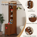 Wood Tall Nightstand with Charging Station, 70.9" Tall End Table with 3 Storage Drawers and 4 Open Shelves, Narrow Slim Sofa Side Table for Small Spaces, Living Room, Bedroom,Corner, Walnut
