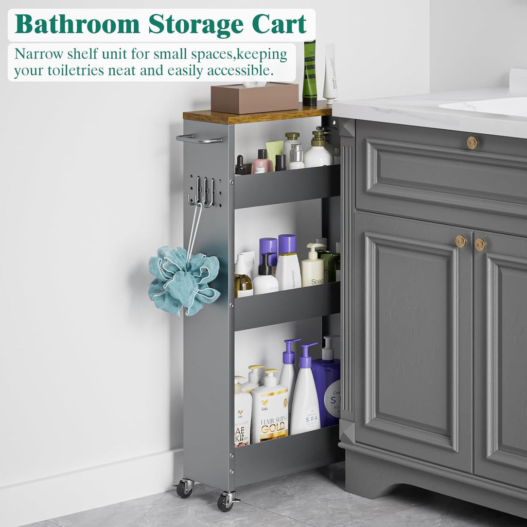 XYZLVSI Slim Storage Cart, 4 Tier Rolling Kitchen Cart on Wheels for Small Space, Narrow Laundry Bathroom Organizers Mobile Shelving Unit Metal Utility Cart with Handle, 5.9in Width, Gray