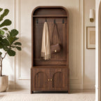 Narrow Entryway Hall Tree with Storage Bench, Modern Fluted Coat Rack and 2-Door Shoe Cabinet for Small Spaces, Arched Mudroom Organizer to Hide Clutter, Walnut