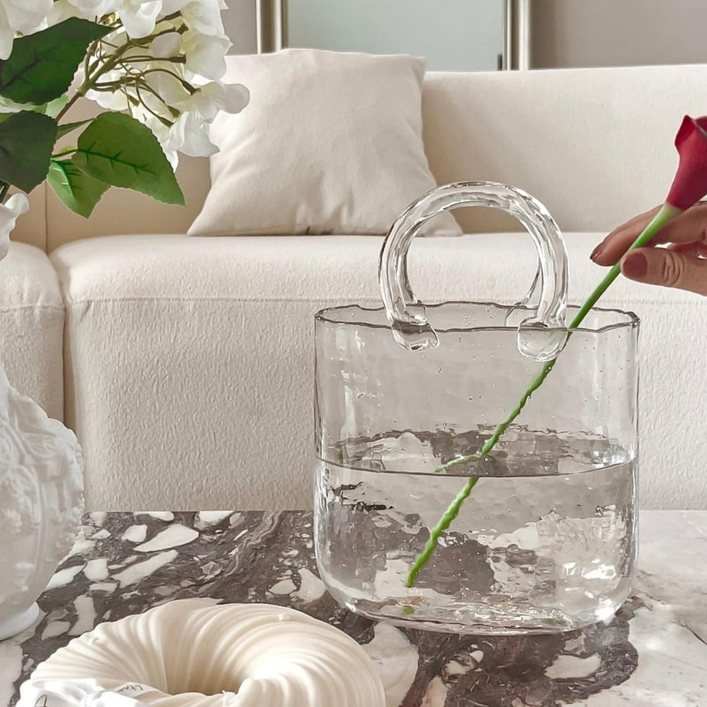 Glass Purse Vase, Handbag-Shaped Flower Vase with Handle, Clear Glass Vases for Home Décor, Weddings, Events, Office, or Table Centerpieces