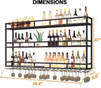 Large Heavy Duty 39in Wine Rack with LED Wall Mounted Bottle Glass Holder Under Shelf, 3-Tiers Liquor Floating Shelves Display Storage Organizer Hanging Long Stemware Goblet Metal for Home Bar