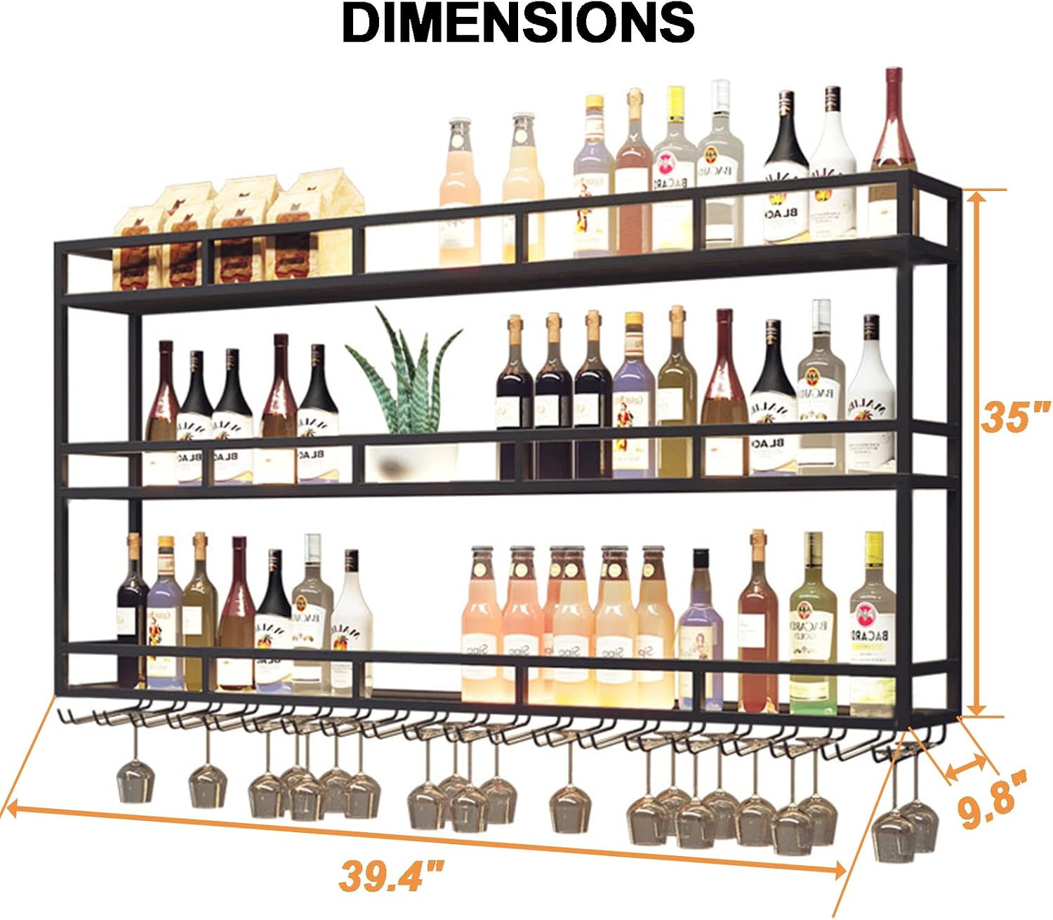 Large Heavy Duty 39in Wine Rack with LED Wall Mounted Bottle Glass Holder Under Shelf, 3-Tiers Liquor Floating Shelves Display Storage Organizer Hanging Long Stemware Goblet Metal for Home Bar