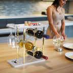 Gold Wine Rack with Glass Holder, Countertop Wooden Wine Holder for 6 Bottles & 2 Glasses, Includes Storage Trays for Corks & Openers – Perfect White & Gold Wine Display for Home Bar & Kitchen Decor