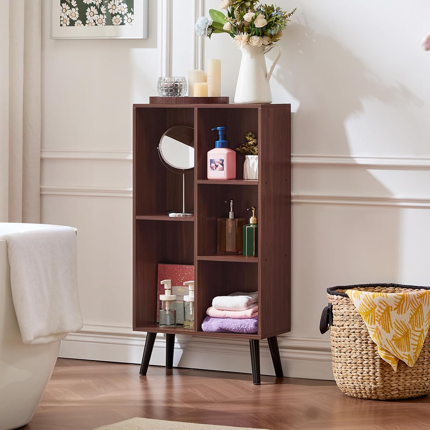 LEYAOYAO 5 Cube Bookshelf 3-Tier Bookcase with Legs,Mint Walnut Kids Book Shelf Cute Storage Organizer,Free Standing Open Toy Shelves Wood Bookshelves,Display Bookcases for Bedroom,Living Room,Nursery