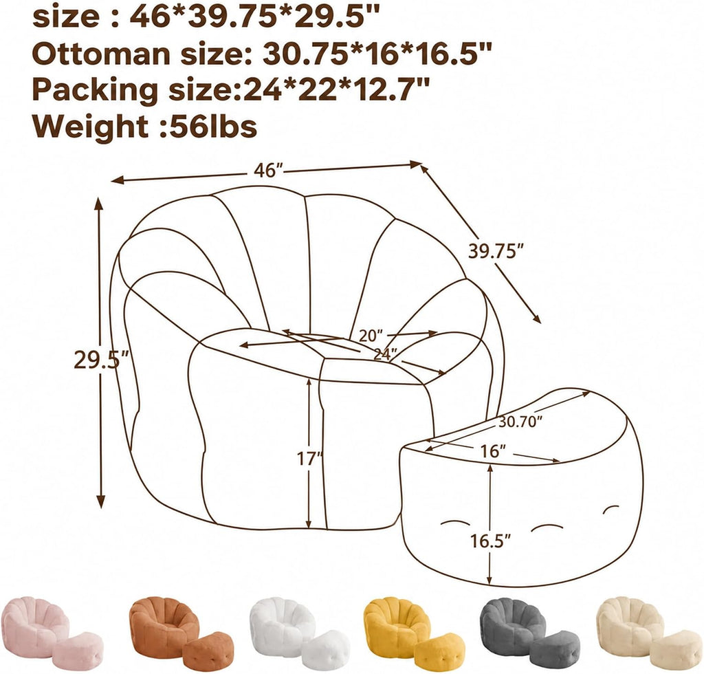Mofolit 46" Oversized Flower Bean Bag Chair with Ottoman for Adults,Large Cozy Beanbag Chair with Artificial Rabbit Fur Fabric,Boneless Sofa for Living Room,Reading Room and Apartment.(Cream)