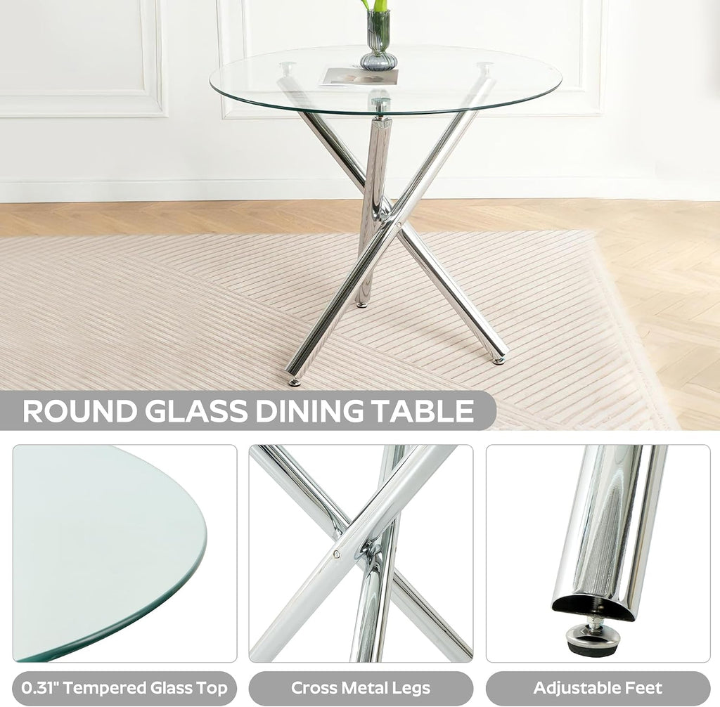 Round Dining Table Set for 4, 5-Piece Kitchen Table and Boucle Chairs for 4, 36" Round Dining Room Table Set with 4 Chairs, Glass Dining Table with Metal Legs for Kitchen, White&Silver