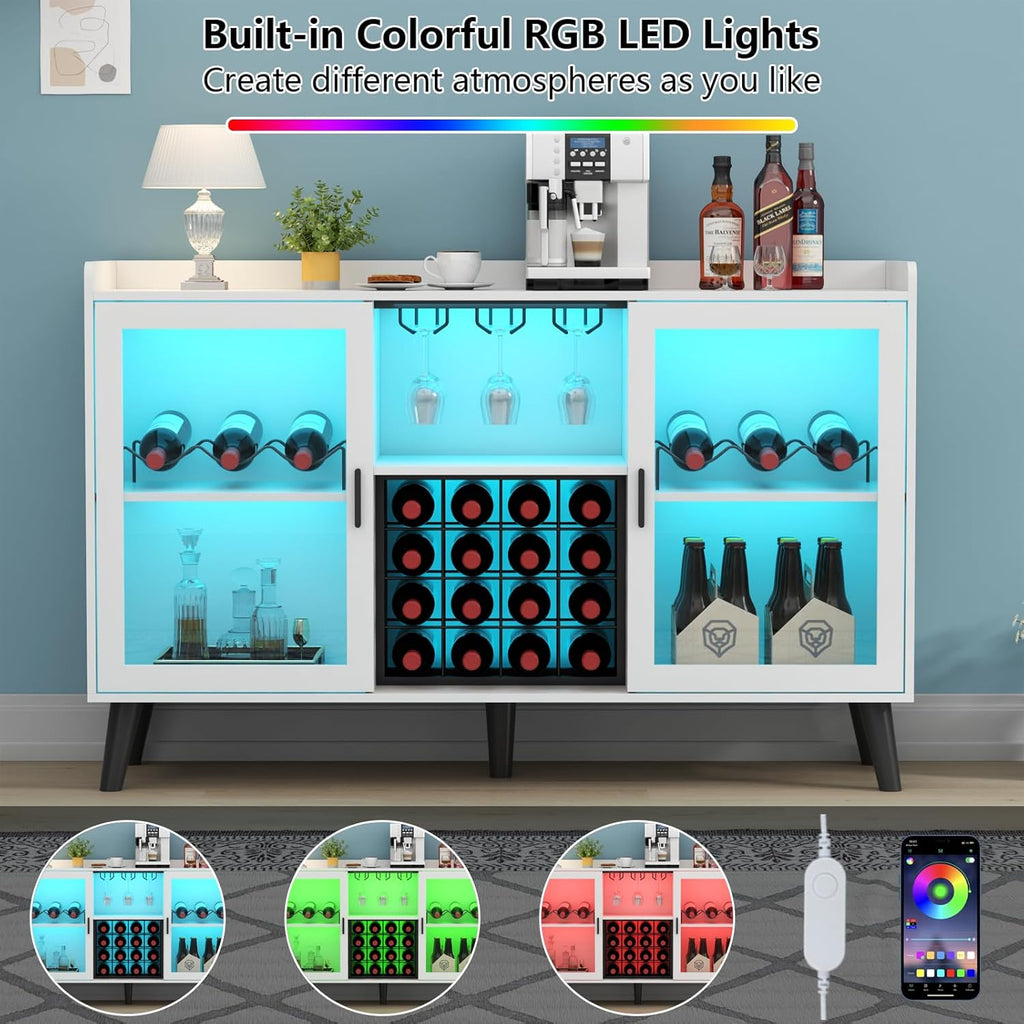 Auromie Wine Bar Cabinet with Led Light, Home Coffee Cabinet with Wine and Glass Rack, Kitchen Buffet Sideboard with Storage Shelves, Freestanding Liquor Cabinet for Living Room, Dining Room (White)