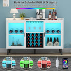 Auromie Wine Bar Cabinet with Led Light, Home Coffee Cabinet with Wine and Glass Rack, Kitchen Buffet Sideboard with Storage Shelves, Freestanding Liquor Cabinet for Living Room, Dining Room (White)
