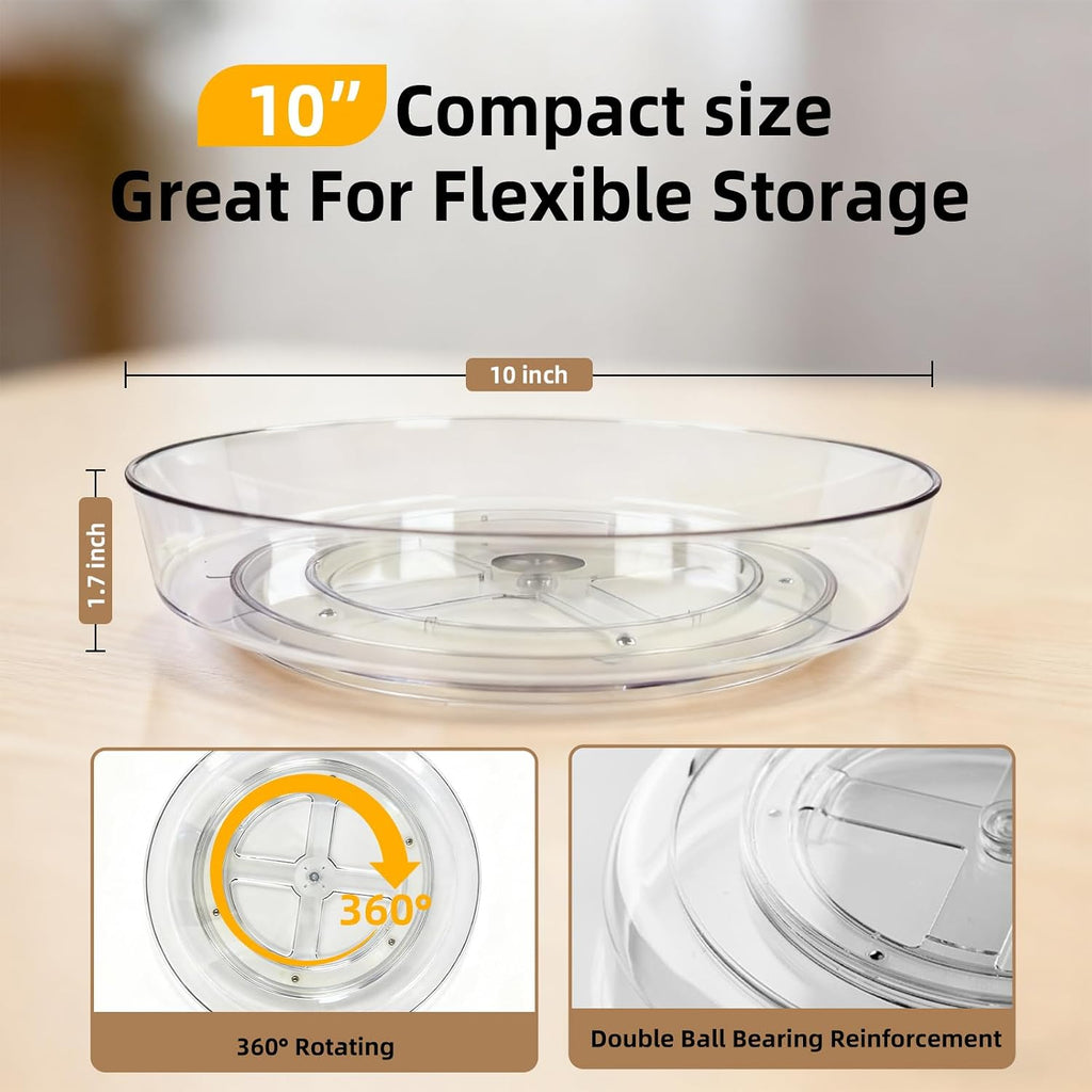 2 Pack Lazy Susan 10 inch Turntable for Spice Organization | Clear BPA-Free Plastic Rotating Organizer for Kitchen Cabinet, Pantry, Countertop, Fridge | 360-Degree Rotating Base
