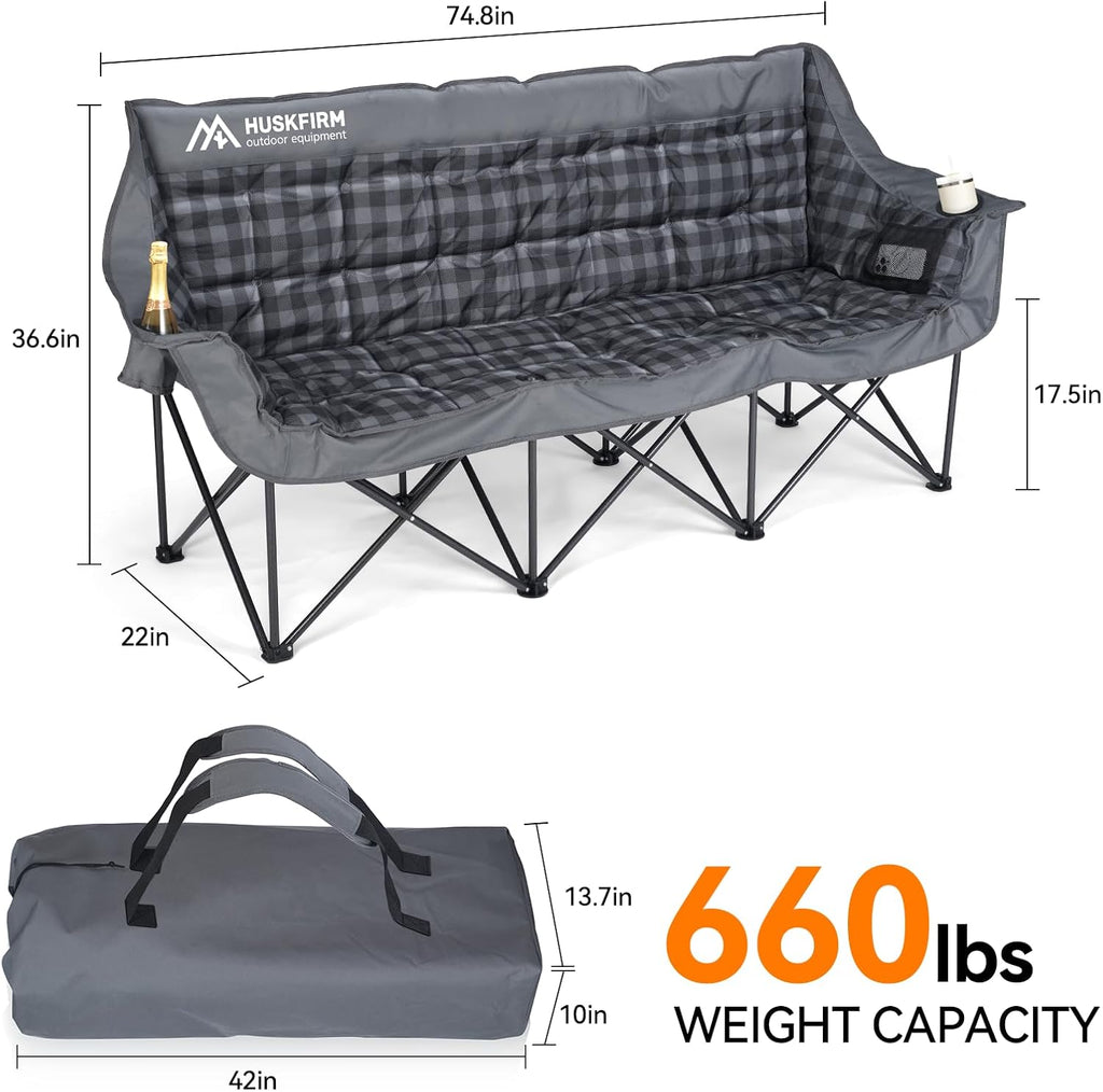 Huskfirm 3 Person Camping Chair Padded Loveseat Camping Chair Folding Camping Couch Portable Double Camping Chairs Heavy Duty Camp Chair for Adults Outdoor Lawn with Two Cup Holders and Carry Bag