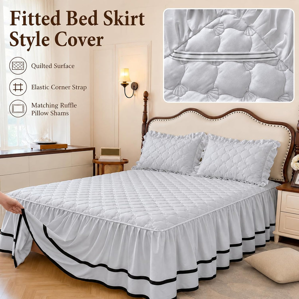 Bed Skirt Wrap Around Elastic with Ruffled Modern Comfort Breathable Bedskirt with 2 Pillowcases for Bedroom Decor Machine Washable