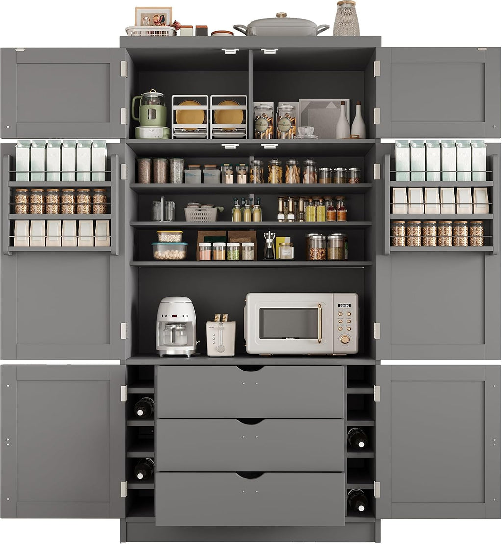 Large Kitchen Pantry Storage Cabinet, Freestanding Cupboard with 2 Power Outlets, Adjustable Shelves and Door Shelves, Tall Storage Cabinet for Kitchen, Dinning Room, Living Room (Grey)