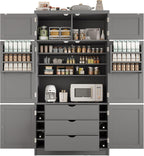 Large Kitchen Pantry Storage Cabinet, Freestanding Cupboard with 2 Power Outlets, Adjustable Shelves and Door Shelves, Tall Storage Cabinet for Kitchen, Dinning Room, Living Room (Grey)