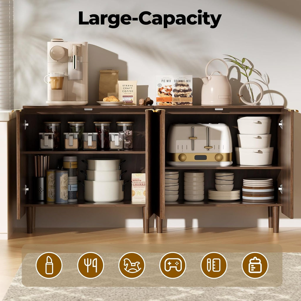 Sideboard Buffet Storage Cabinet - Wood Cabinets with Adjustable Shelves Fluted Doors, Anti-Tip Console Table for Kitchen Dining Living Room or Entryway Hallway, Easy Assembly, Walnut