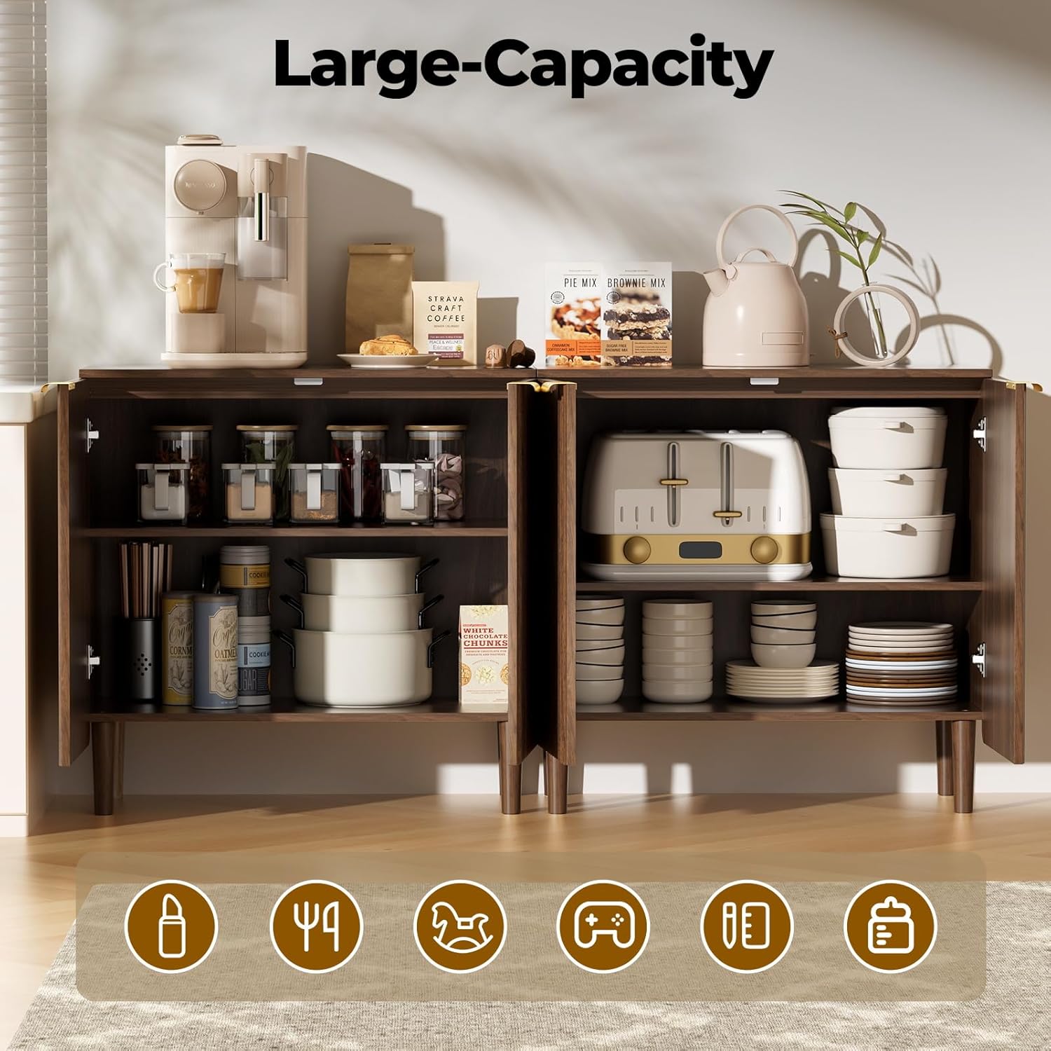 Sideboard Buffet Storage Cabinet - Wood Cabinets with Adjustable Shelves Fluted Doors, Anti-Tip Console Table for Kitchen Dining Living Room or Entryway Hallway, Easy Assembly, Walnut